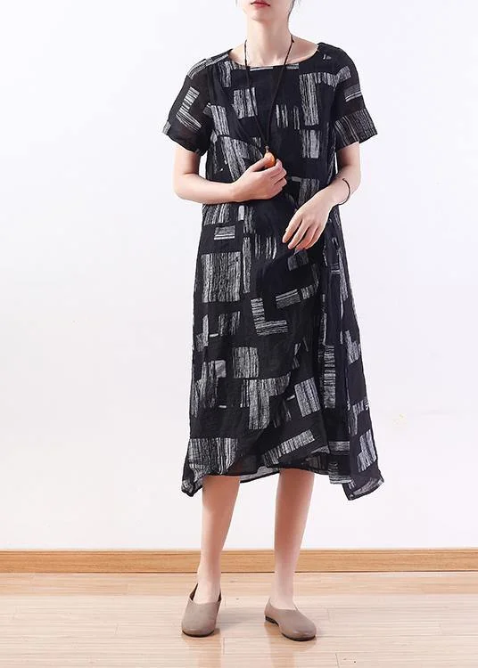 Style tie waist linen clothes Neckline black prints Dress summer