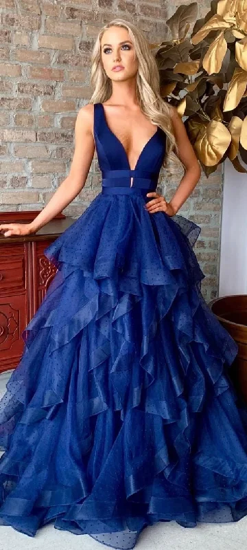 Fashion Ball Gown Navy Blue Prom Dress with Tiered Skirt