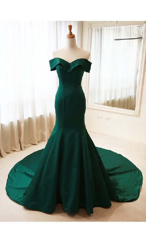 Mermaid Off Shoulder Sleeves Green Evening Dress