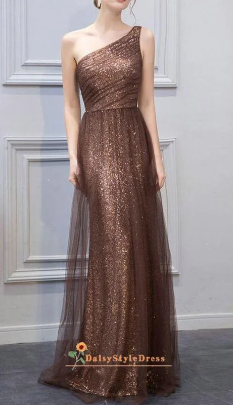 Fitted One Shoulder Coffee Sequins Wedding Party Dress