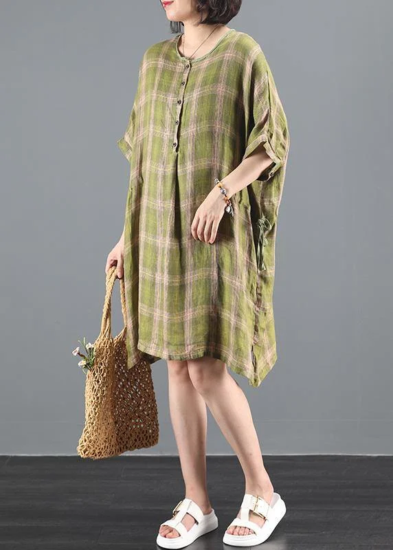 Bohemian o neck drawstring summer clothes Inspiration green plaid Dress