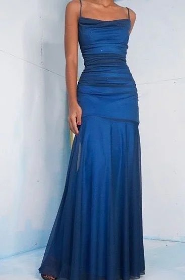 Sheath Navy Blue Square Neckline Vintage Prom Dress