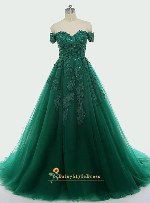 Ball Gown Off Shoulder Sleeves Dark Green Prom Dress