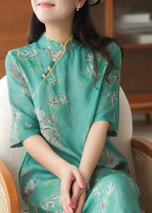 Vintage Green Stand Collar Print Cotton Cheongsam Dress Short Sleeve