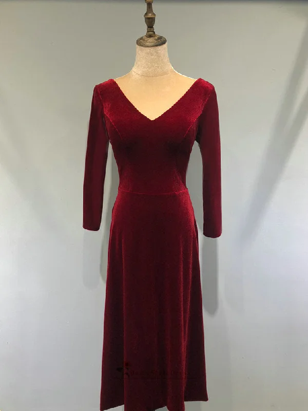 Vintage Tea Length Long Sleeve Velvet Deep Red Wedding Party Dress