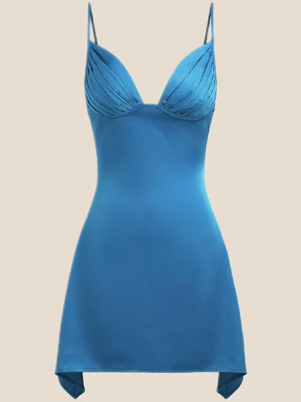 V Neck Blue Satin Short Homecoming Dress