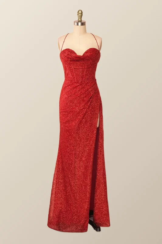 Fitted Red Cowl Neck Long Party Dress with Slit