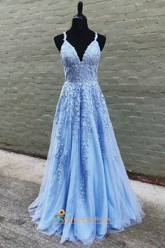 A line Long Light Blue Lace Prom Dress