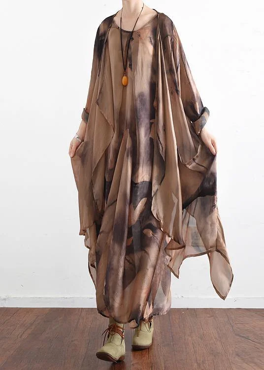 Plus Size Khaki Print asymmetrical design Long Summer Chiffon Dress