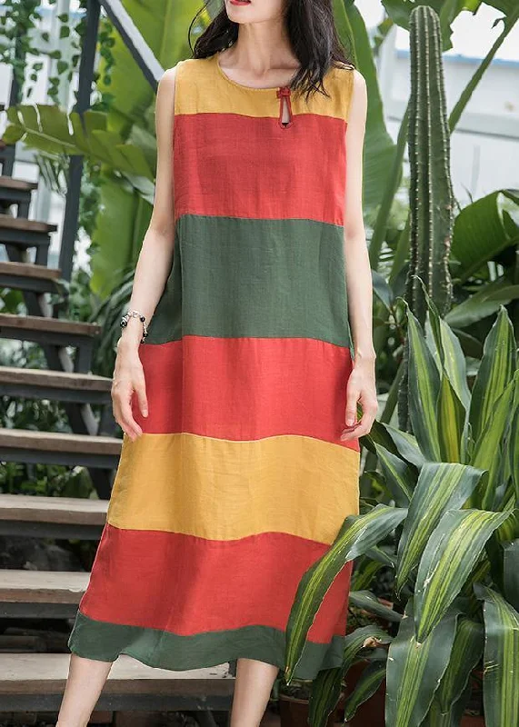 Art o neck Sleeveless linen clothes For Women Inspiration red striped Dress summer