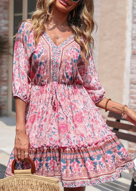 Cute Pink V Neck Ruffled Patchwork Print Cotton Cinch Mid Dresses Half Sleeve