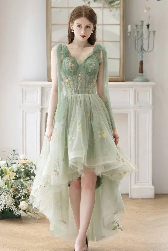 High Low Green Floral Tulle Party Dress