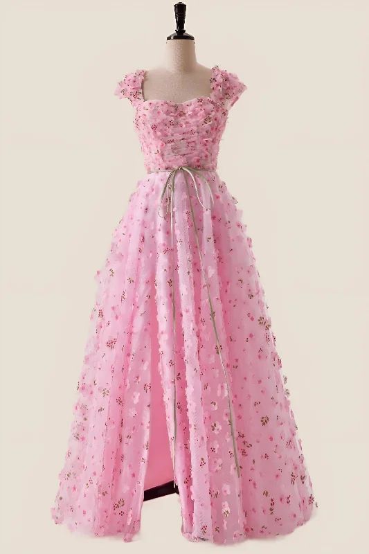 Pink Floral Cap Sleeves Long Formal Dress