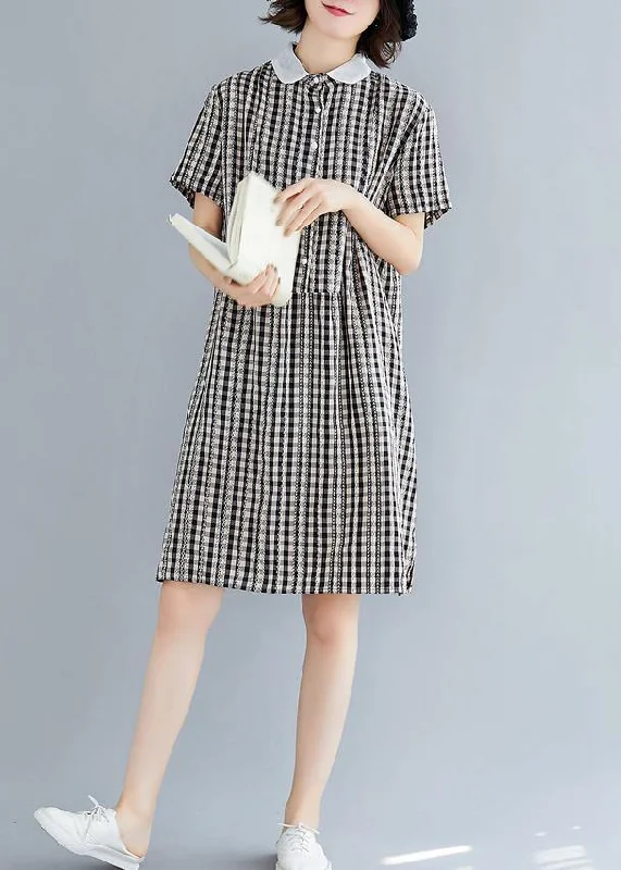 DIY Peter pan Collar Cotton summer clothes For Women black plaid Dress