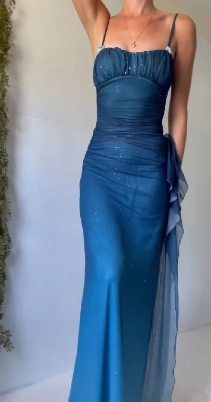 Vintage Spaghetti Straps Sparkle Blue Prom Dress