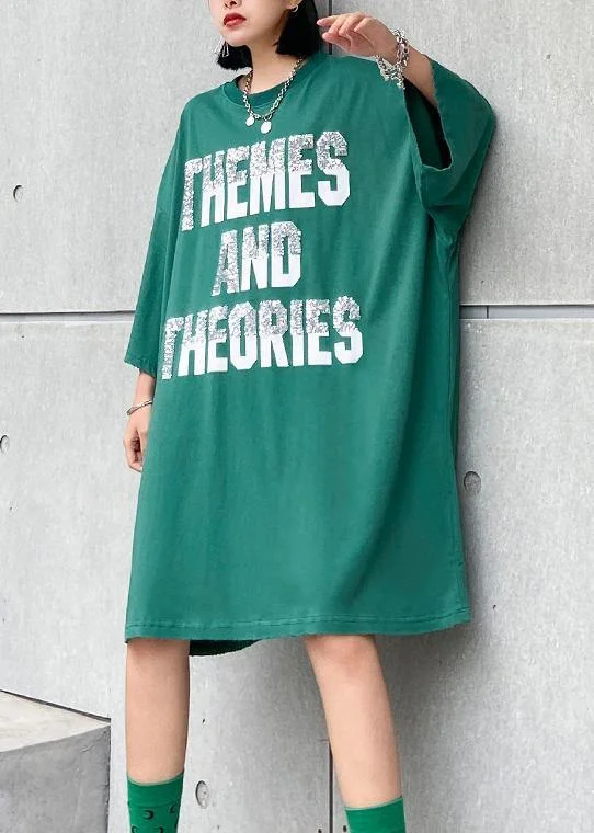 Classy green Cotton tunic dresso neck Letter Midi summer Dress