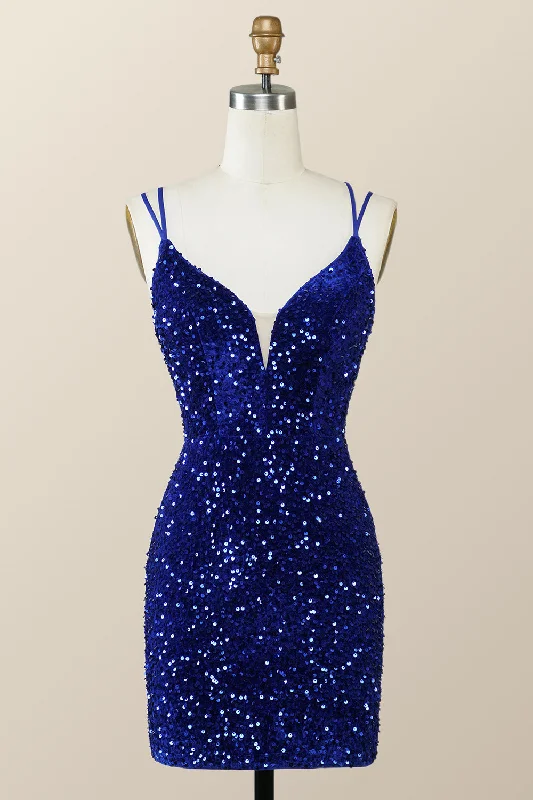 Royal Blue Sequin Tight Mini Dress with Double Straps