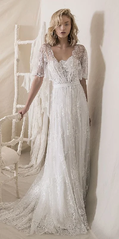 A line Half Sleeves Lace Boho Wedding Dress