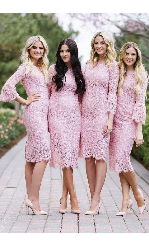 Tea Length Long Sleeves Pink Lace Bridesmaid Dress