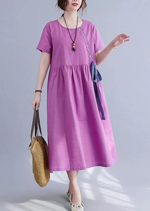 Natural Purple O-Neck Linen Summer Cotton Dress