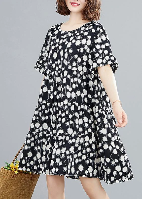 Organic black dotted clothes Women o neck patchwork Knee Dress