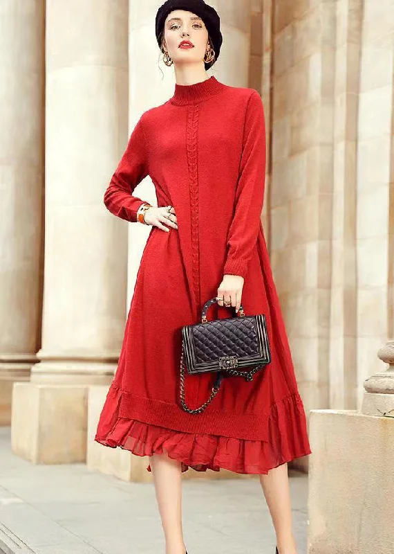 Loose Red Stand Collar Wrinkled Patchwork Woolen Dresses Fall