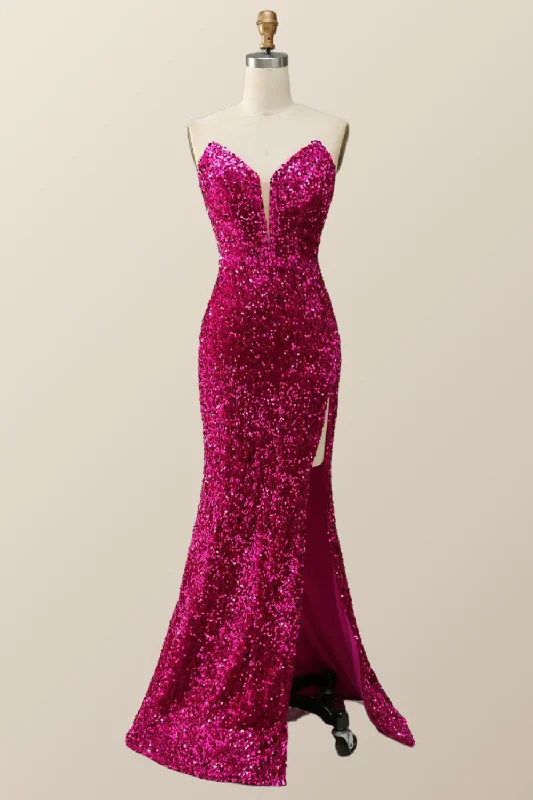 Strapless Fuchsia Sequin Mermaid Long Formal Dress