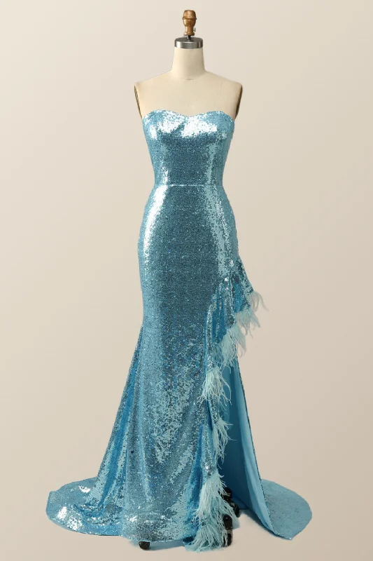 Strapless Blue Sequin Mermaid Long Formal Dress