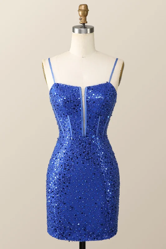 Straps Royal Blue Sequin Tight Mini Dress