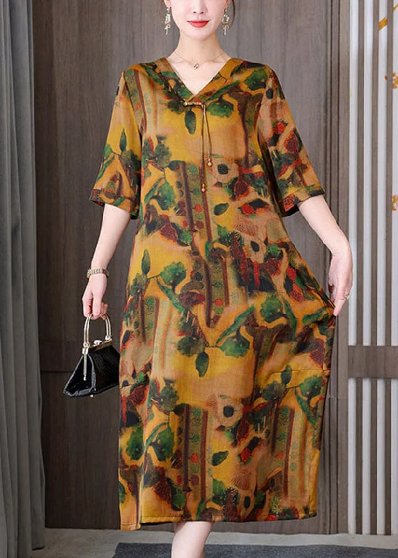 Fitted Yellow V Neck Ribbon Print Chiffon Vacation Dresses Half Sleeve