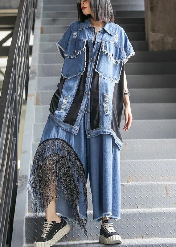 Sold Out- trendy large size thin western denim blue Vest wide leg pants two-piece suit