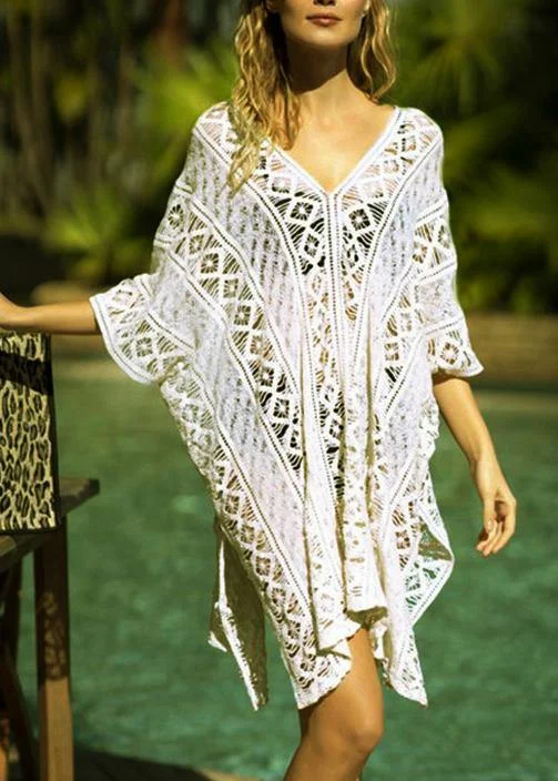 Bohemian White Hollow Out side open Beach Gown Mid Summer Cotton Dress