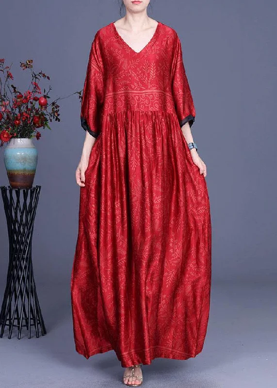 Women Red Print Silk Half Sleeve Summer Dresses