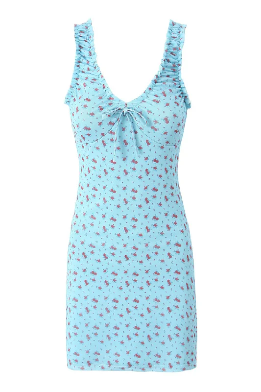 Straps Light Blue Floral Print Short Summer Dress