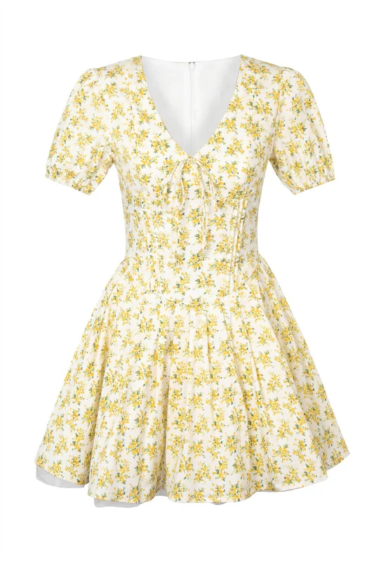 Short Sleeves Yellow Floral Print Short Dress