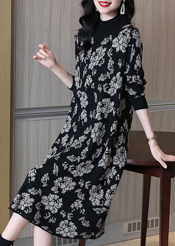 Jacquard Black Turtleneck Patchwork Cotton Knit Long Dress Long Sleeve