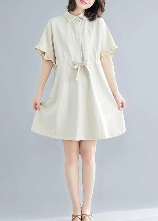 Comfy Beige tie waist Cotton Button Summer Day Dress