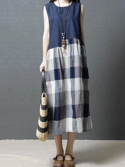 Women sleeveless linen clothes For Wardrobes blue patchwork Plaid Dresses