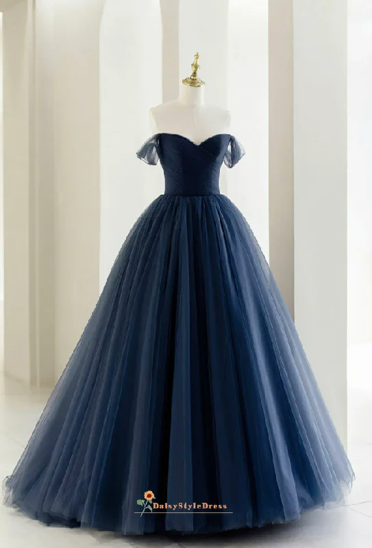 Simple Ball Gown Off Shoulder Sleeve Dark Navy Prom Dress