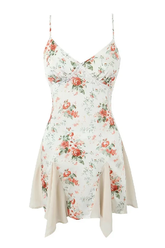 Spaghetti Straps White Floral Print Short Dress