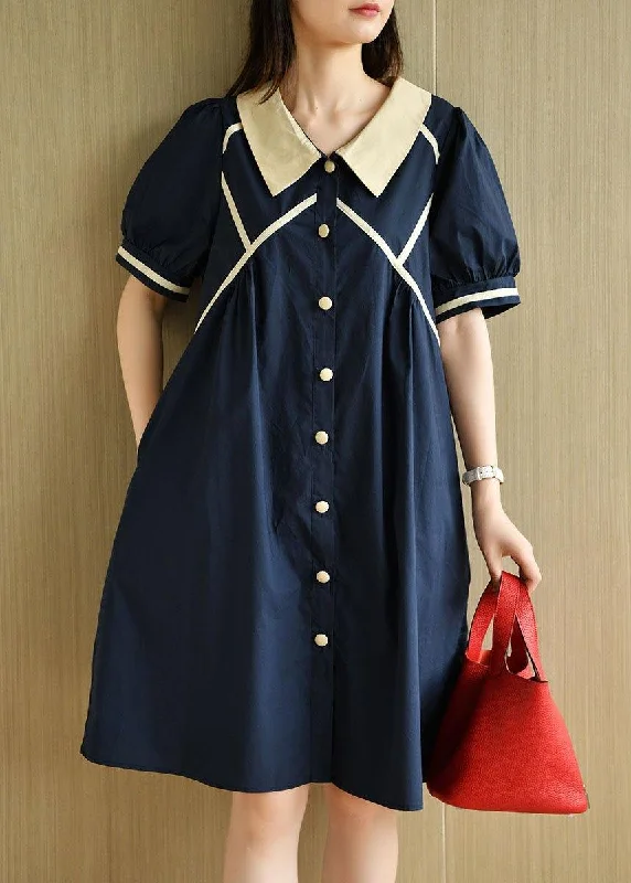 Chic Navy Peter Pan Collar Button Summer Cotton Dress Short Sleeve