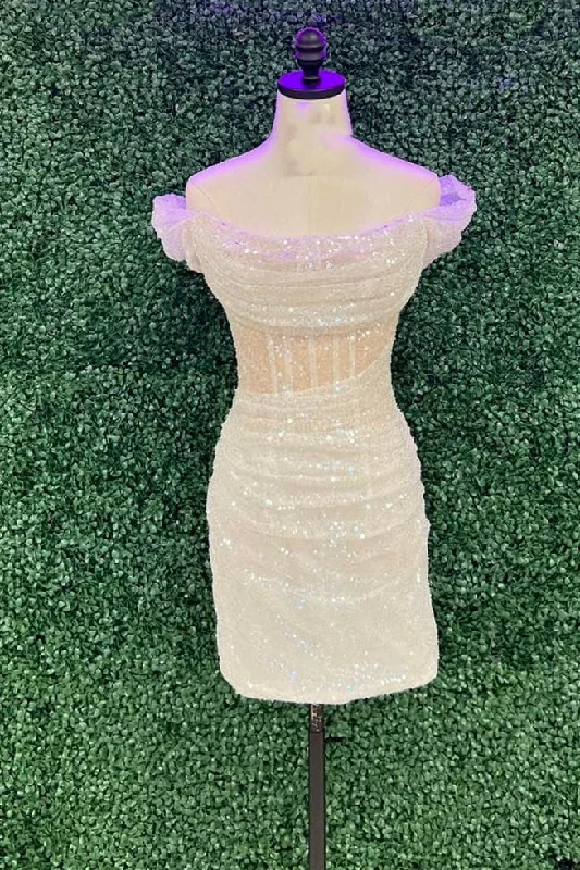 Off the Shoulder White Sequin Tight Mini Dress