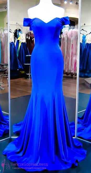 Fitted Off Shoulder Sleeve Royal Blue Pageant Dress