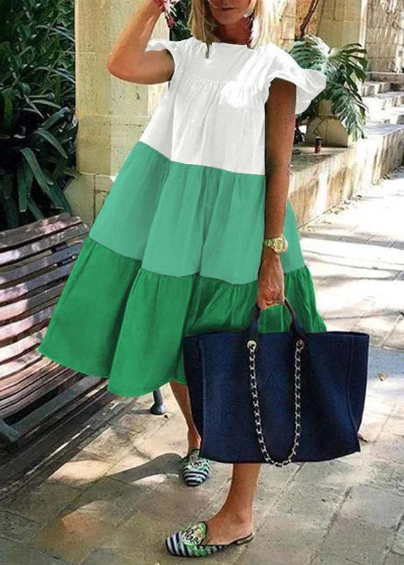 Beautiful Green O-Neck Layered Patchwork Beach Dress Short Sleeve