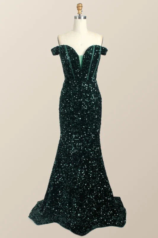 Off the Shoulder Dark Green Sequin Mermaid Prom Dress