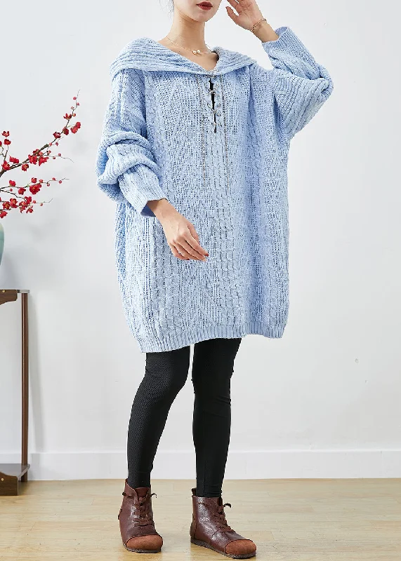 Chic Sky Blue Hooded Oversized Knit Sweater Dress Fall