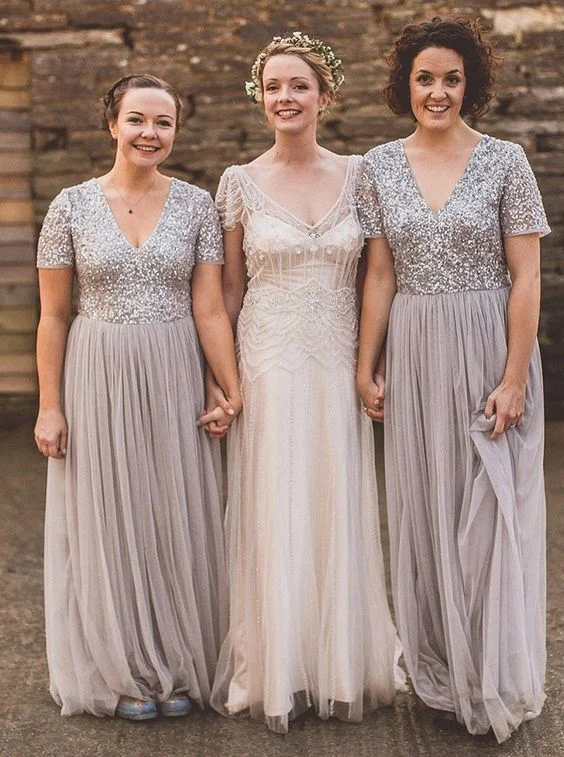 Short Sleeve Silver Sequins Bridesmaid Dress