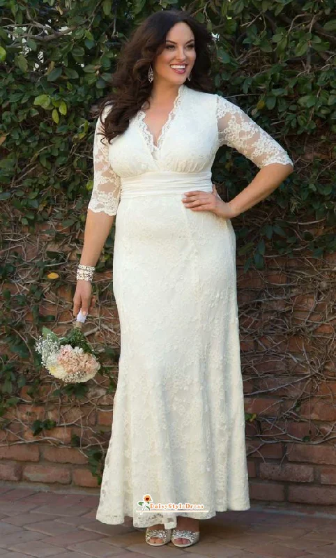 Fit and Flare Half Sleeve Plus Size Lace Wedding Dress