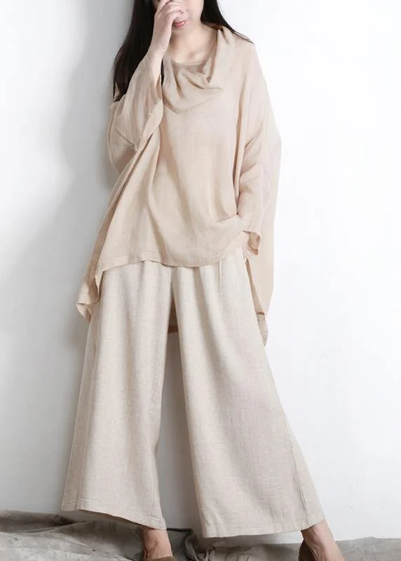 Beautiful Nude Turtle Neck Batwing Sleeve Two Piece Set Women Clothing Summer Linen