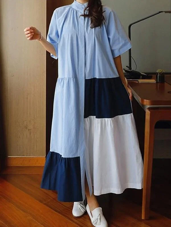 Beautiful lapel patchwork cotton clothes Runway blue Dresses